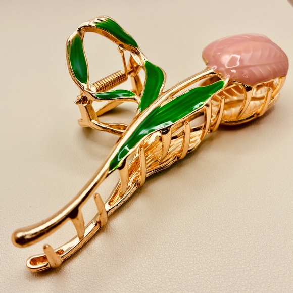 Hand Painted Enameled Pink Tulip Green Leaves Floral Gold Hair Clip - Picture 2 of 6